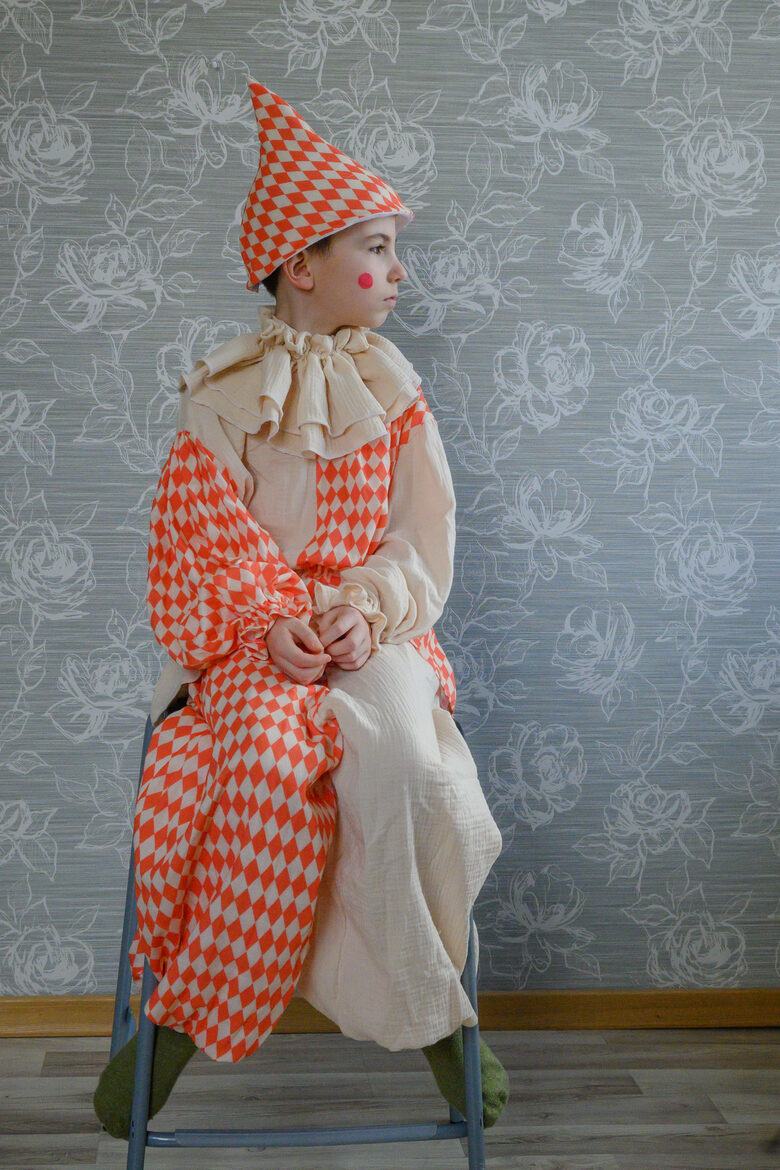 Orange and beige harlequin kids clown set
