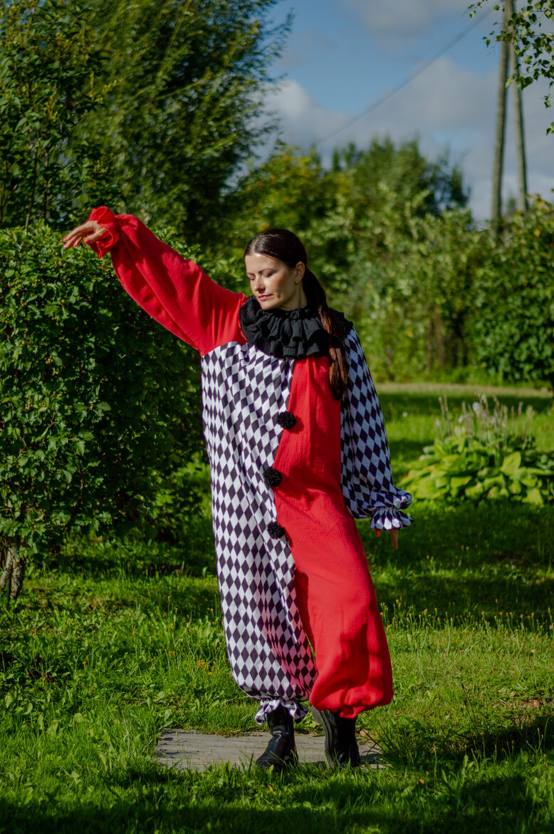 Black harlequin and Red clown jumpsuit