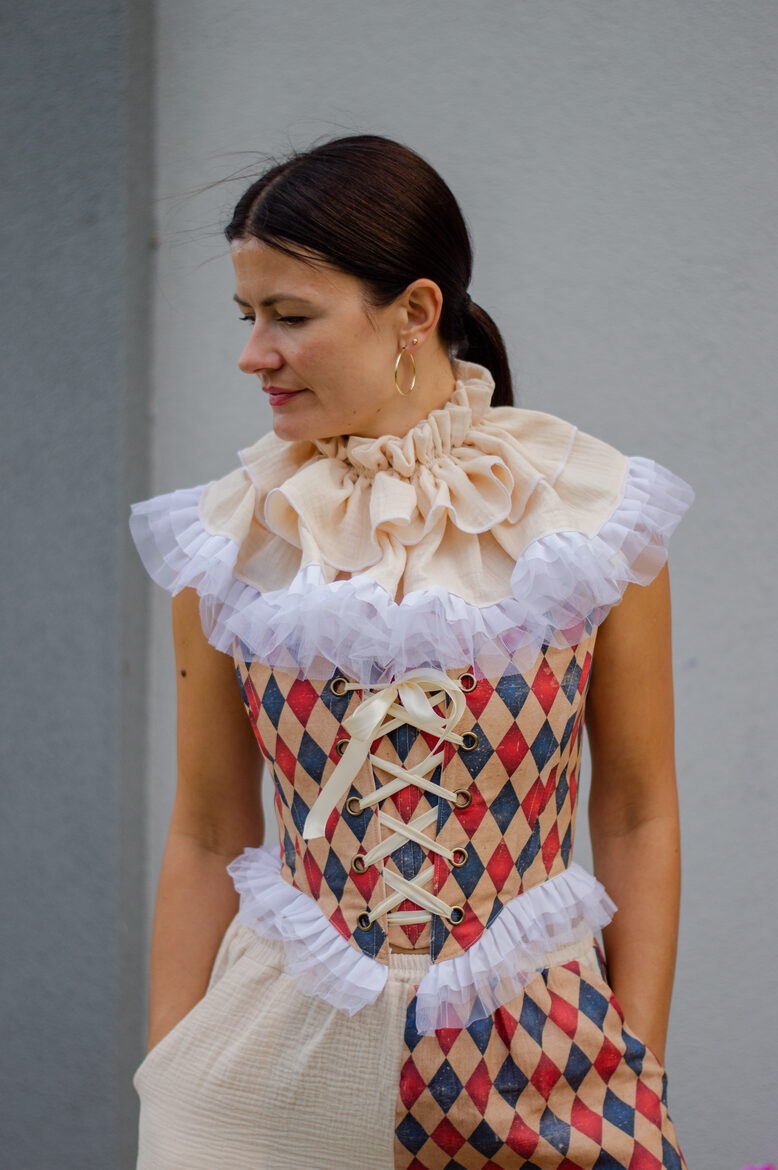 Red and blue harlequin vintage corset