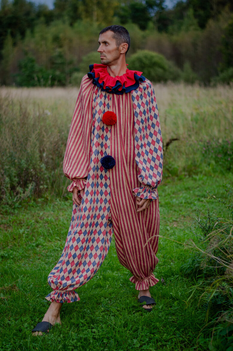 Red and blue harlequin vintage clown jumpsuit (size L)
