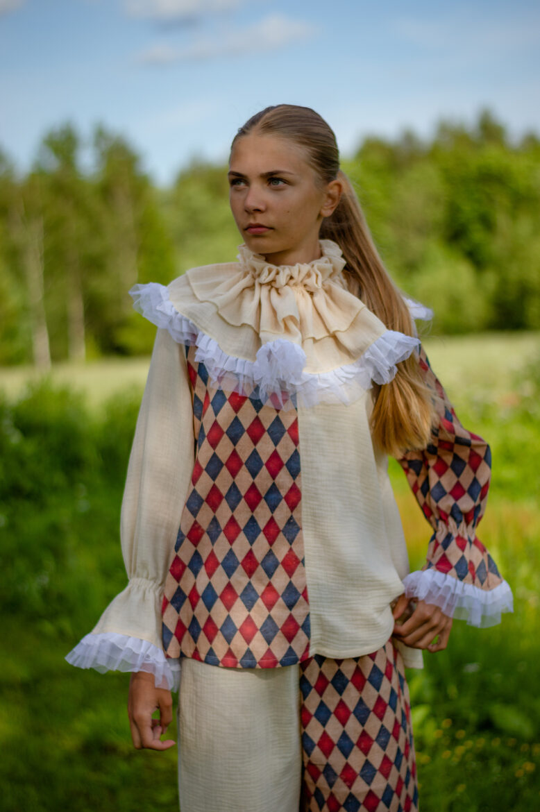 Red and blue harlequin kids costume