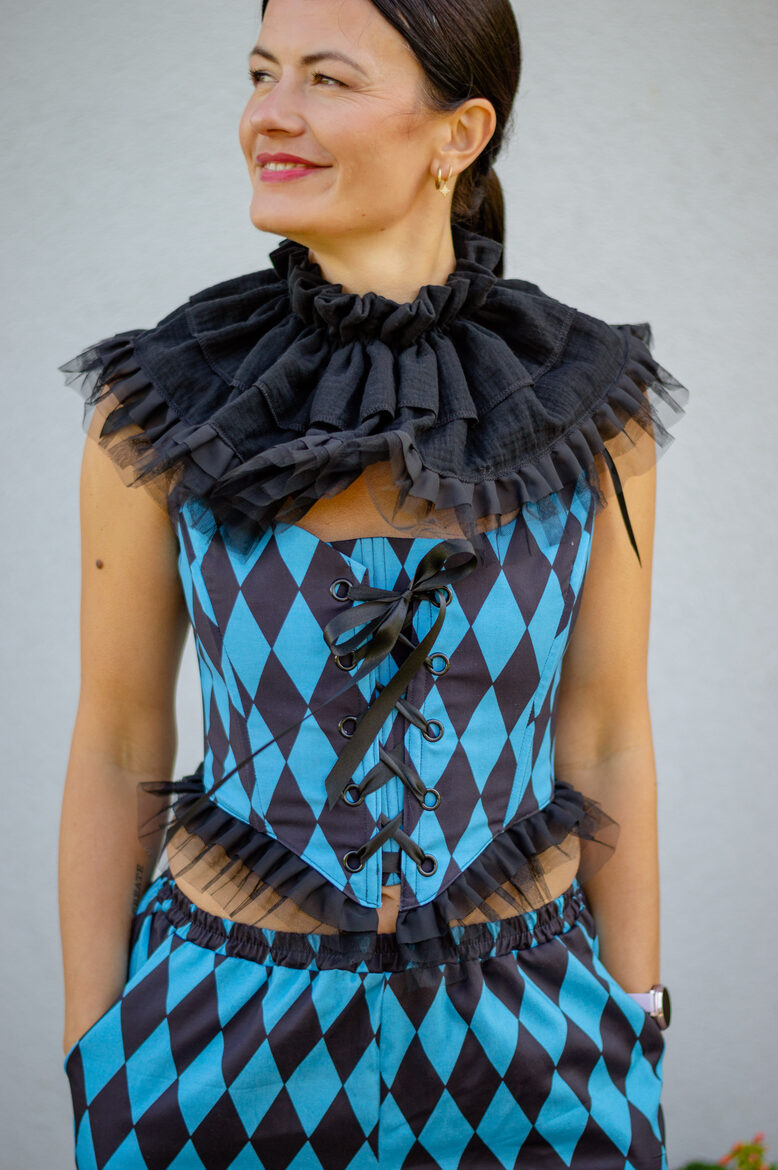 Blue and black harlequin corset