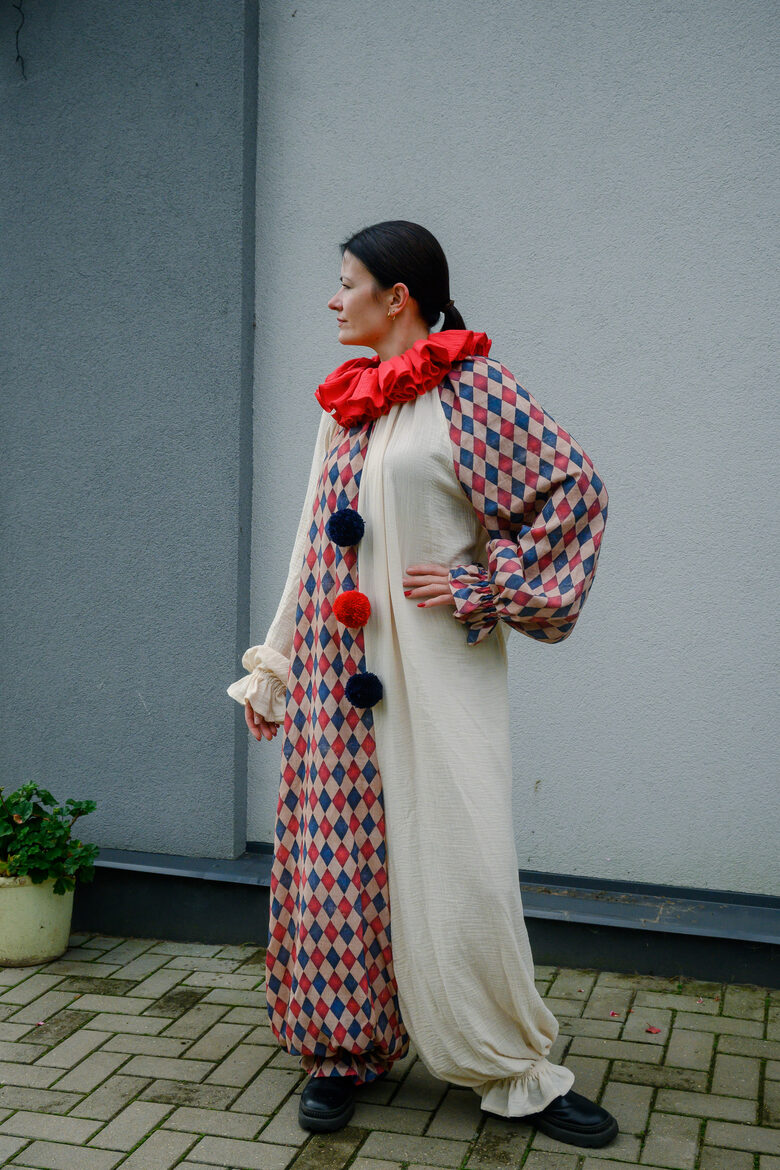 Red and blue harlequin beige clown jumpsuit