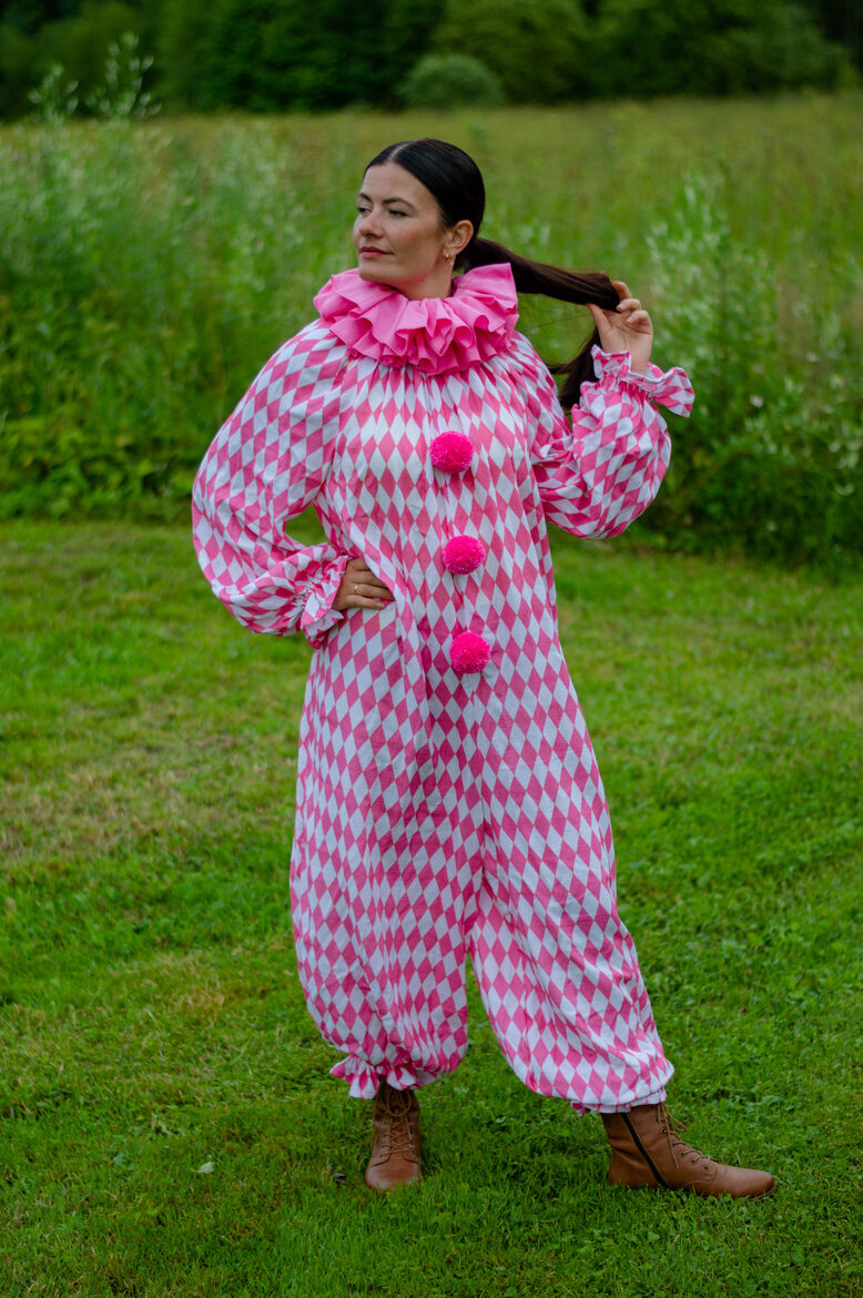 Pink harlequin clown jumpsuit