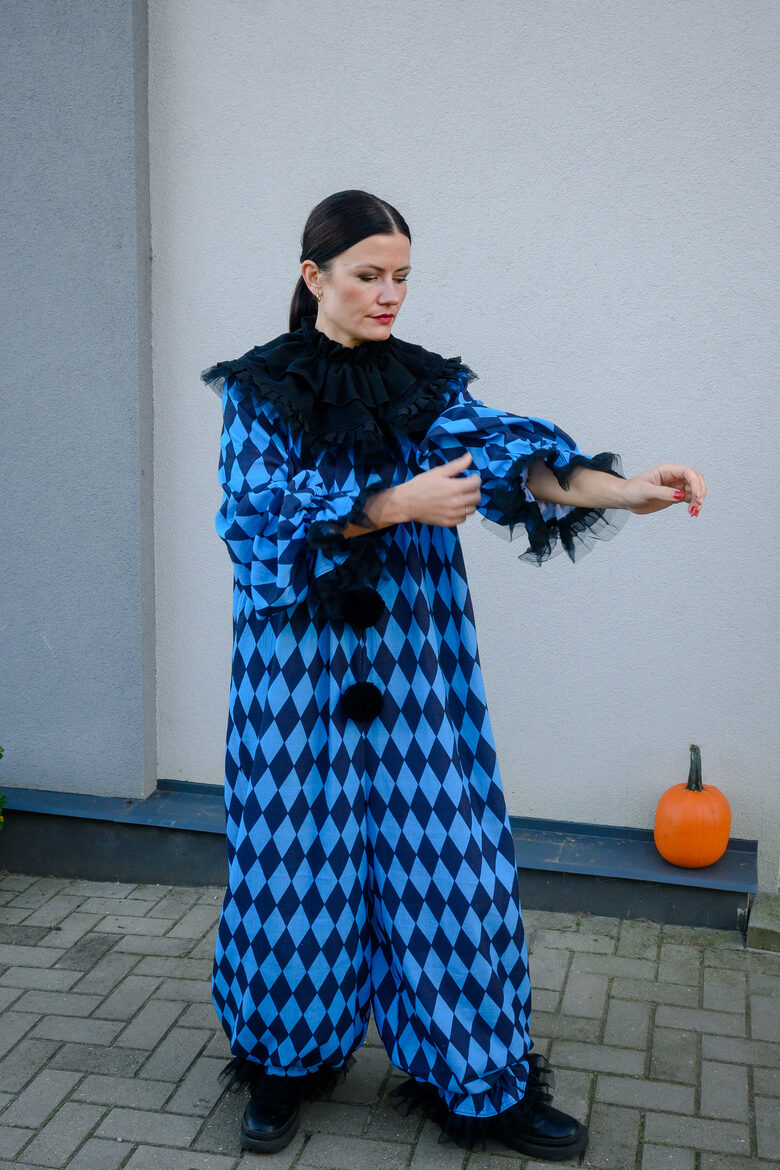 Royal blue harlequin clown jumpsuit