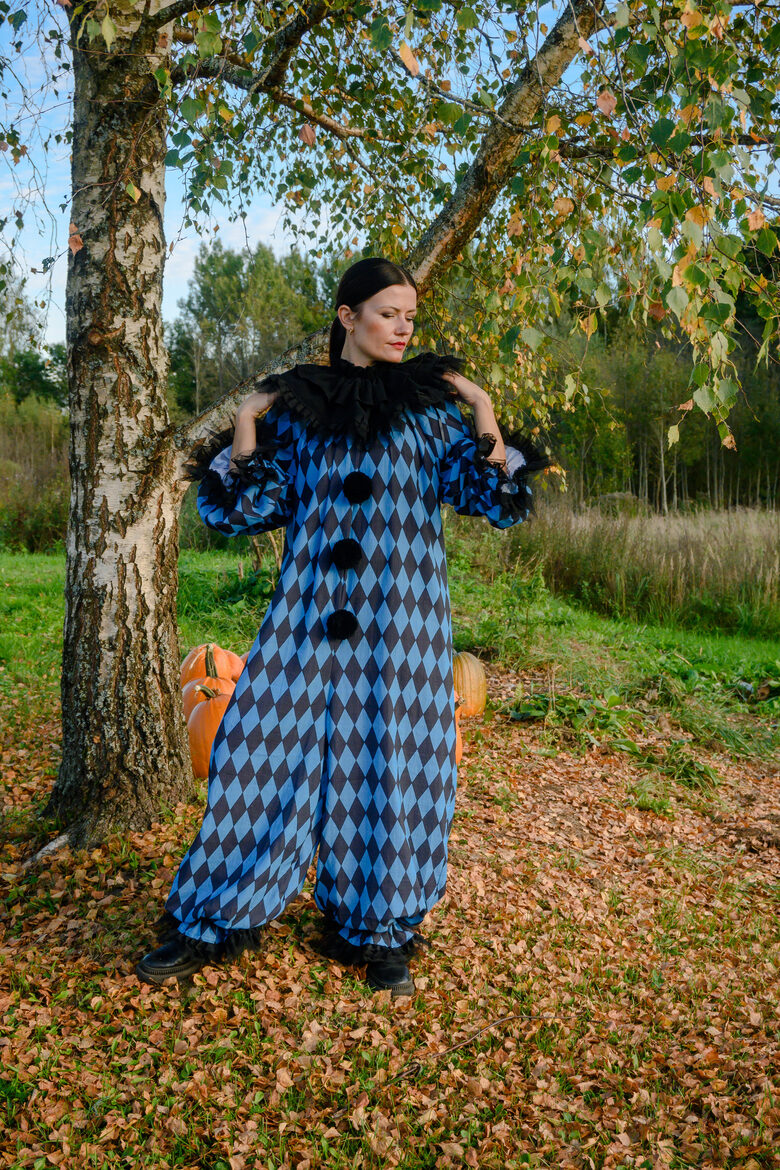 Royal blue harlequin clown jumpsuit
