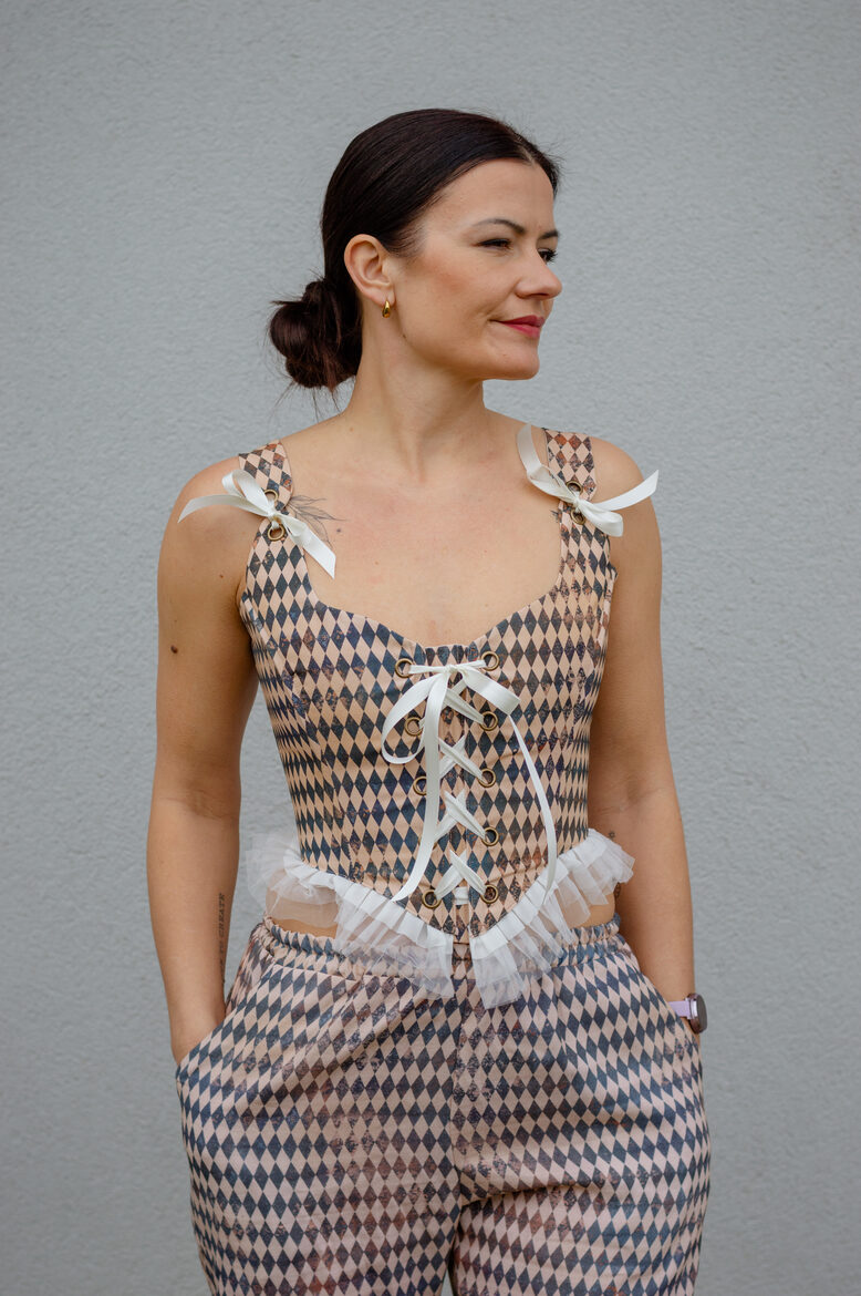 Tiny harlequin vintage print corset