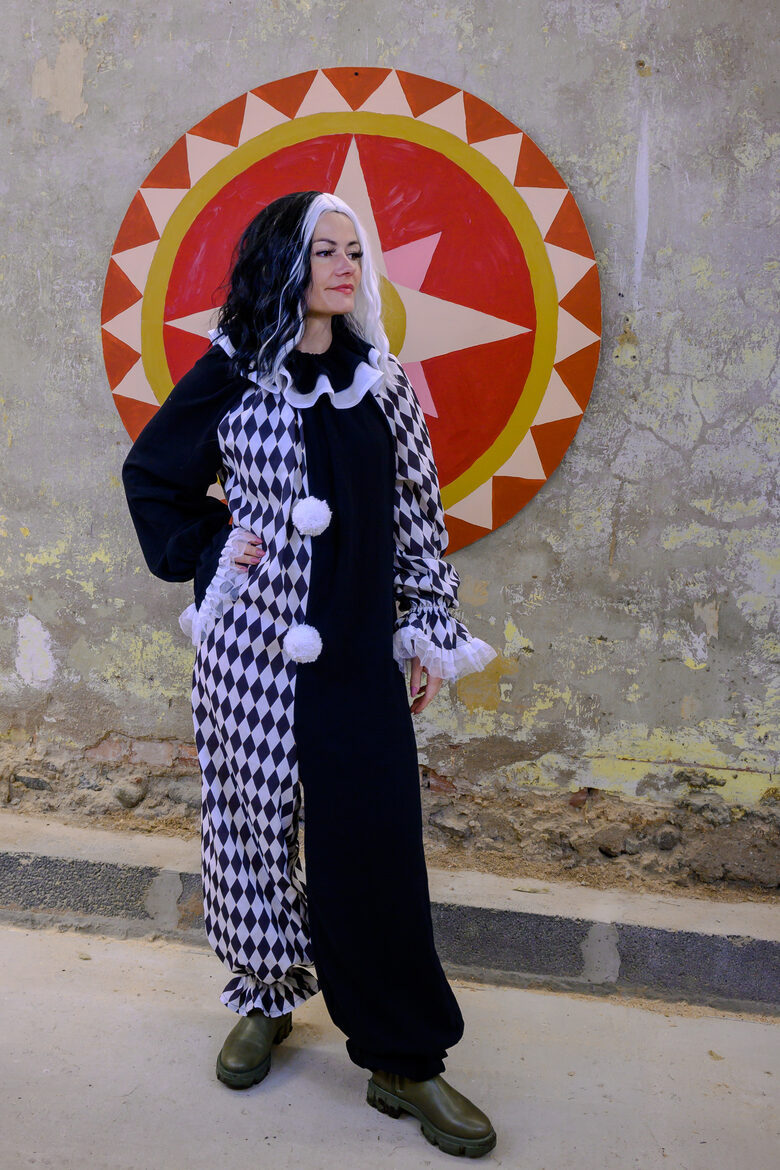 Black and white harlequin clown jumpsuit