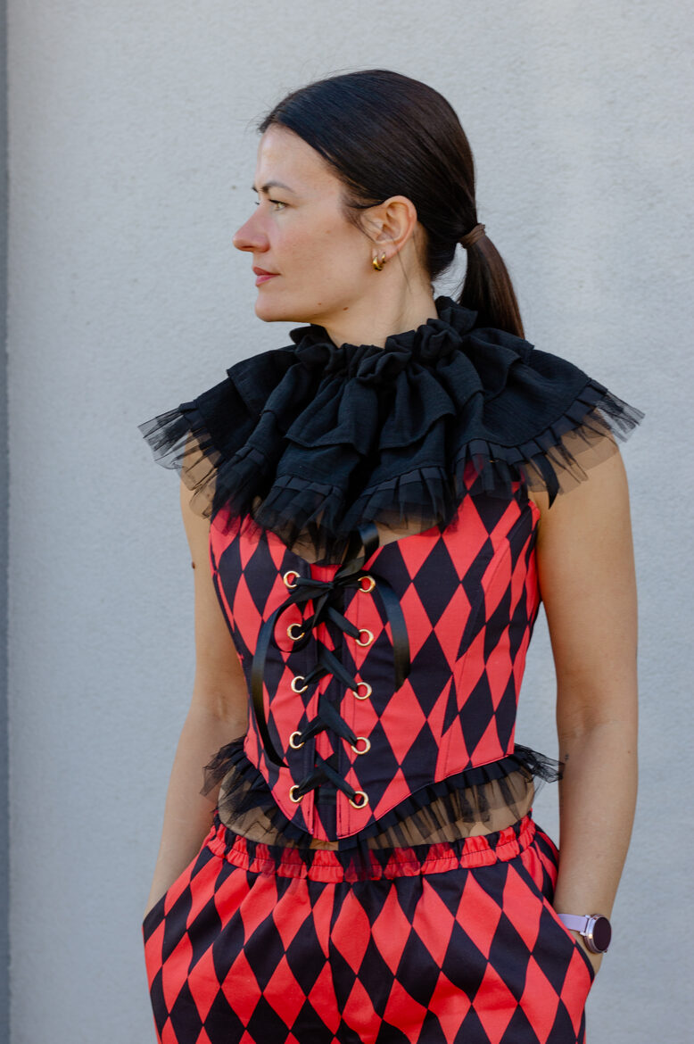 Red and black harlequin corset