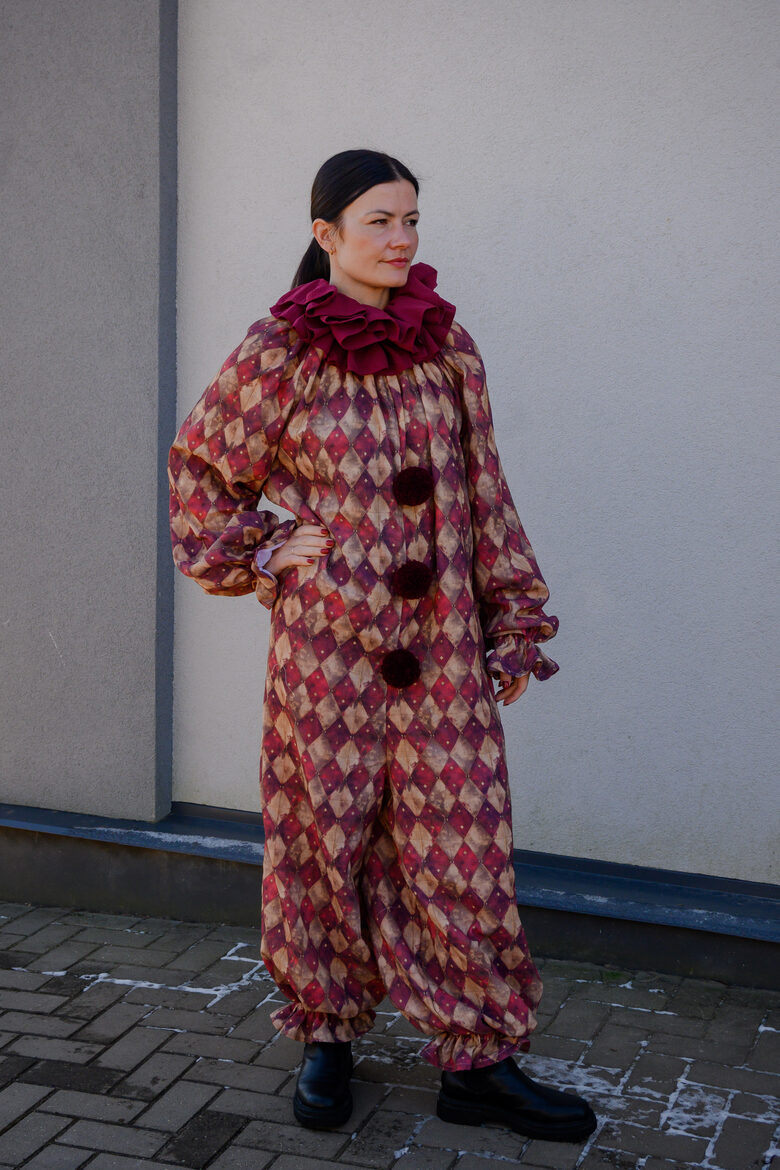 Bordo harlequin with tiny stars clown jumpsuit