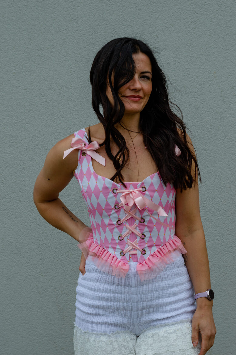 Pink harlequin clown corset