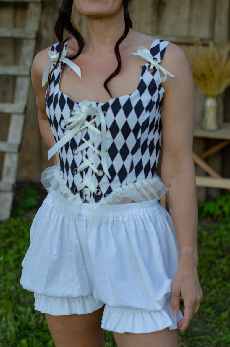 Black and white harlequin corset| white trim