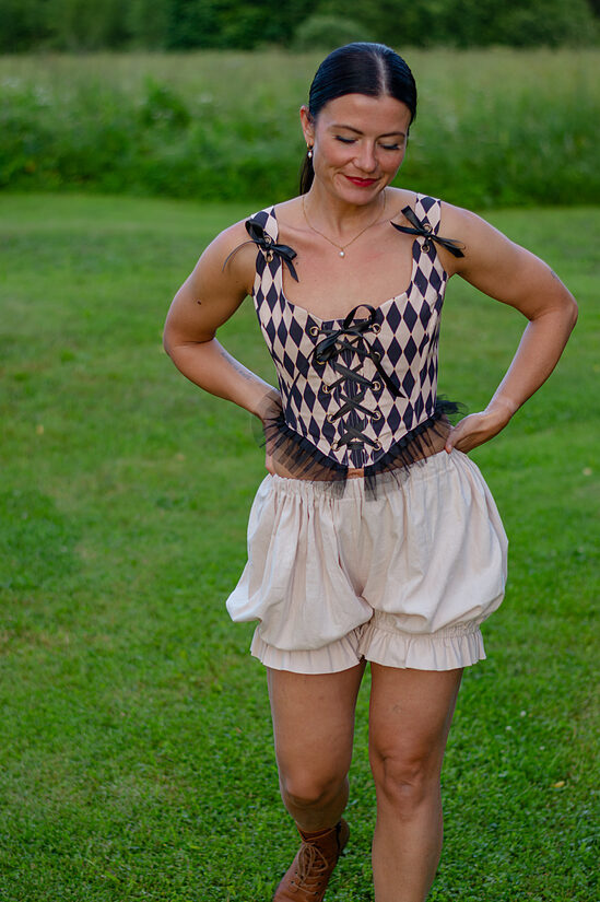 Beige and black harlequin corset