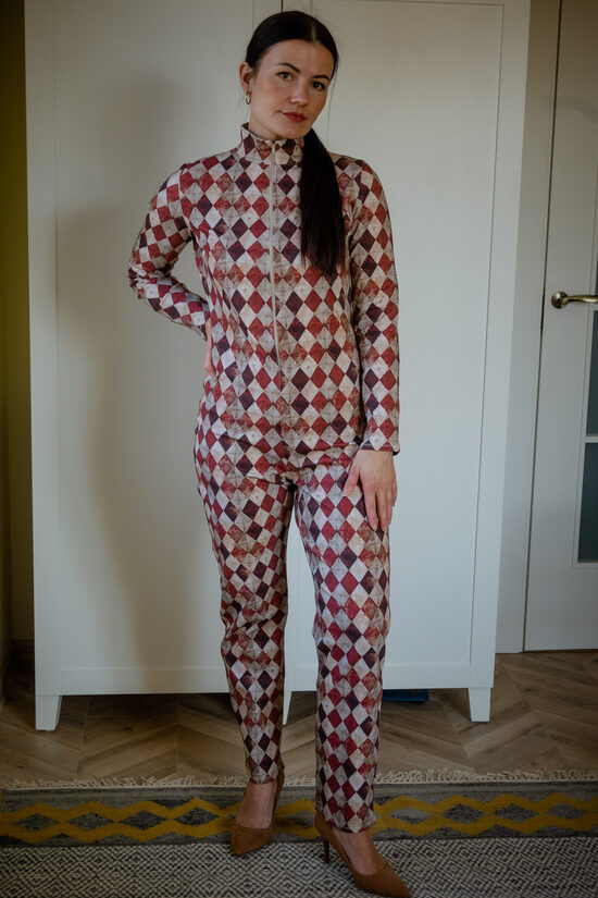 Wine red and beige harlequin jersey jumpsuit size M