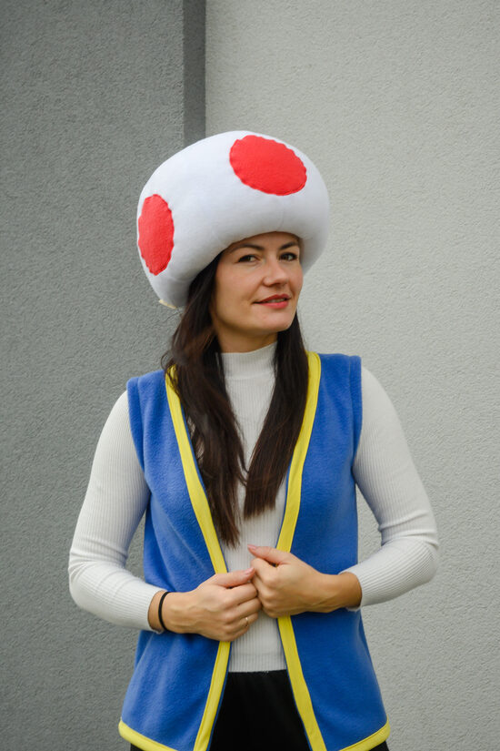 White and red toad hat