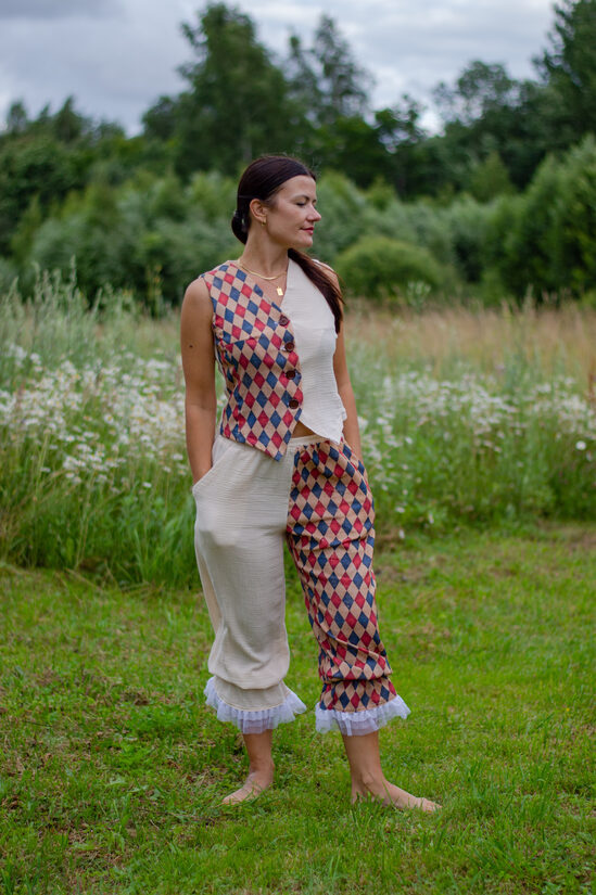 Red and blue harlequin pants