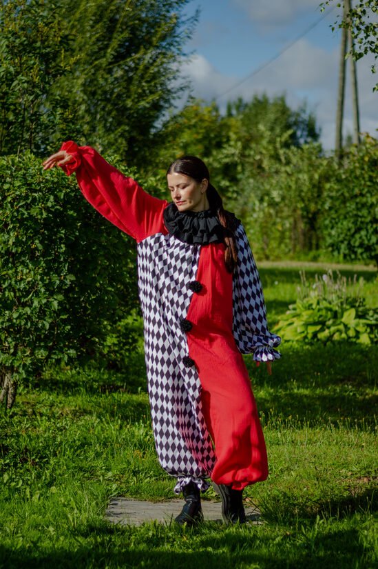 Black harlequin and Red clown jumpsuit