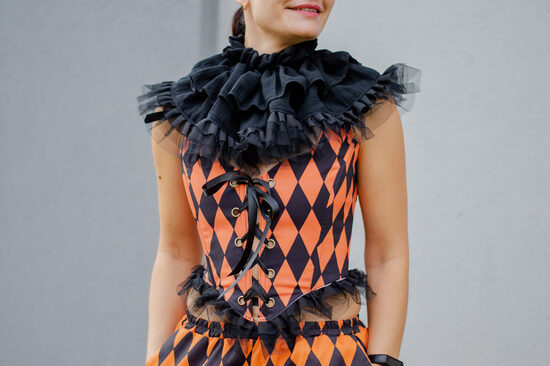 Orange and black harlequin corset