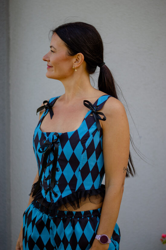 Blue and black harlequin corset size M