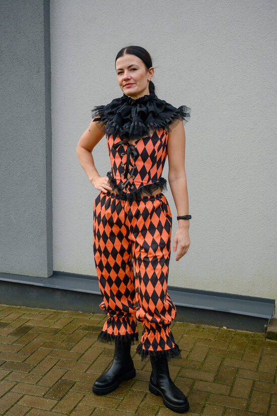 Orange and black harlequin corset size XL