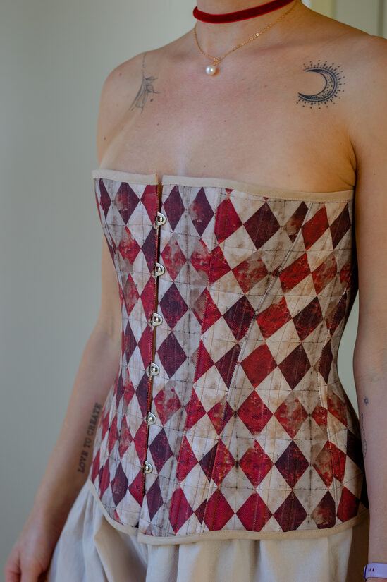  Half Bust Corset Harlequin Wine red and Beige Vintage print