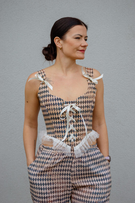 Tiny harlequin vintage print corset